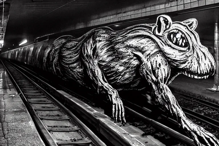 Image similar to very large giant mutant zombie irradiated rat sraying on railways in tonnel of moscow subway. extreme high detail. low dark light, night vision, scary atmosphere.