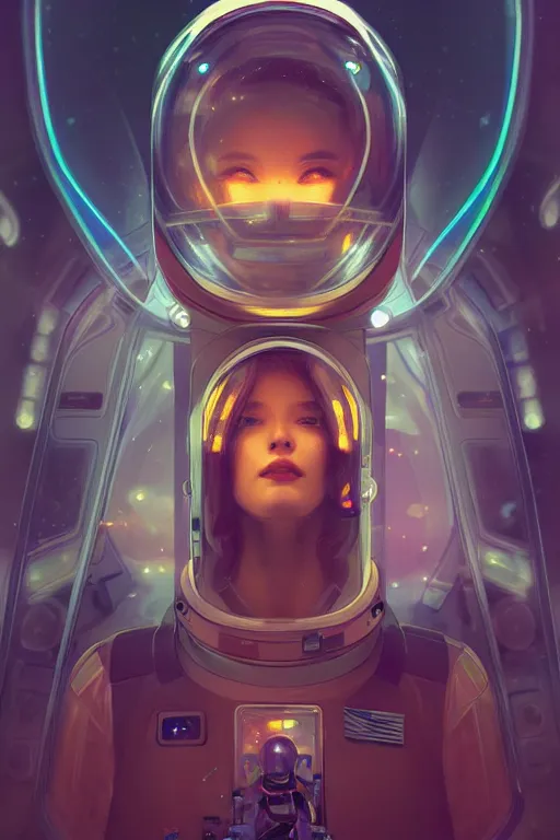 Prompt: portrait armored astronaut girl, inside spaceship command room viewing galaxy, ssci-fi neon light effect flushing and fantasy, intricate and very very beautiful and elegant, highly detailed, digital painting, artstation, concept art, smooth and sharp focus, illustration, art by tian zi and WLOP and alphonse mucha