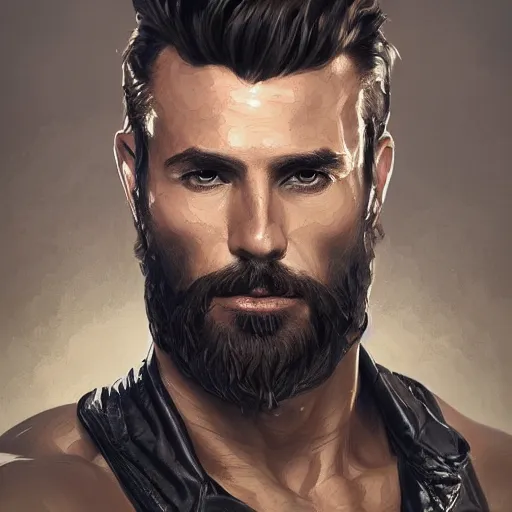 Image similar to Portrait of muscular man with stubble beard wearing a black leather jacket, upper body, intricate, wild, highly detailed, digital painting, artstation, concept art, smooth, sharp focus, illustration, art by artgerm and greg rutkowski and alphonse mucha