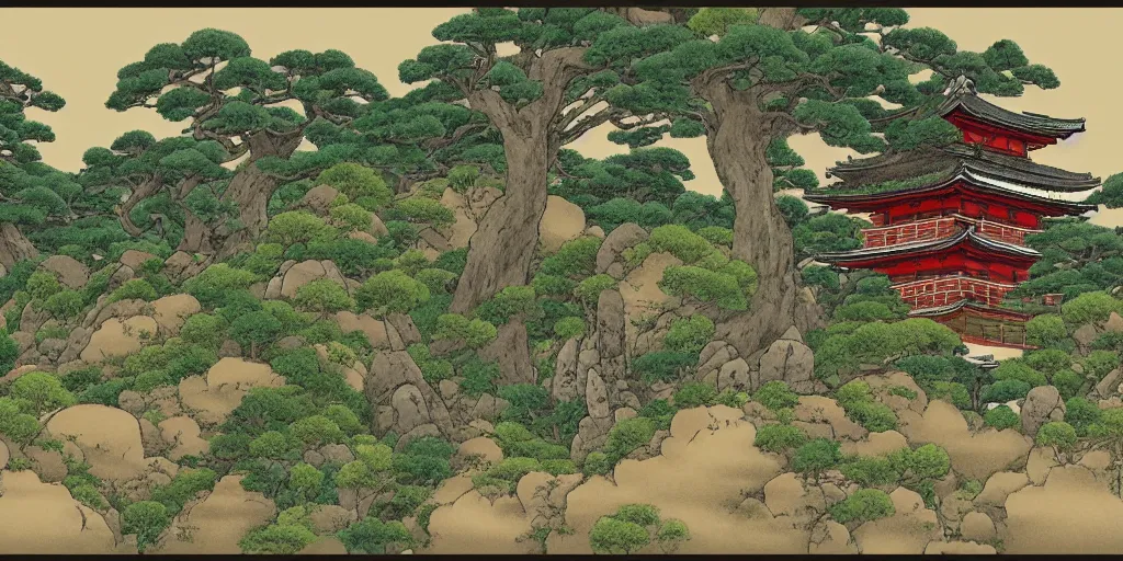 Image similar to japanese landscape with pagoda, trees and rocks, detailed, in the style of studio ghibli