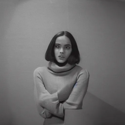 Prompt: black and white photo of a young woman wearing a turtleneck standing inside a brutalist building, 1976