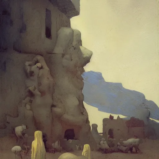 Image similar to primitive society illustrated by johannes vermeer, greg rutkowski, gaston bussiere, van gogh, davinci, and zdzisław beksinski, award - winning, cgsociety contest winner