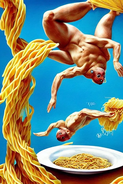 Image similar to olympic diving springoard, a tiny male diver is diving head down into a dish of pasta, detailed realistic sport art, artgerm