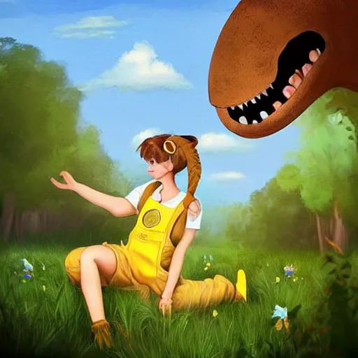 Prompt: “young woman with brown hair, animal ears and short horns, a yellow t-shirt and blue overalls riding a dinosaur in a beautiful field, lo-fi digital art, beautiful composition, trending on artstation and deviantart, masterpiece”