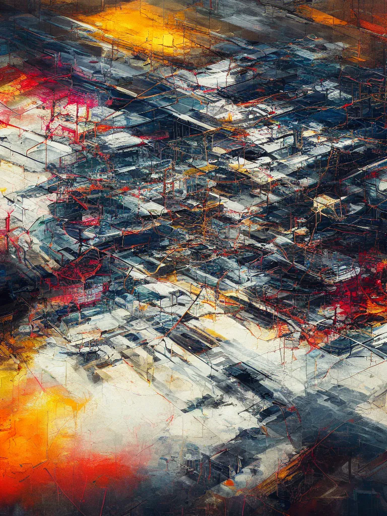 Image similar to a beautiful abstract painting by peter vahlefeld of a sky view of a complex glitched highway intersection, color bleeding, pixel sorting, plaster and metal materials, brushstrokes by jeremy mann