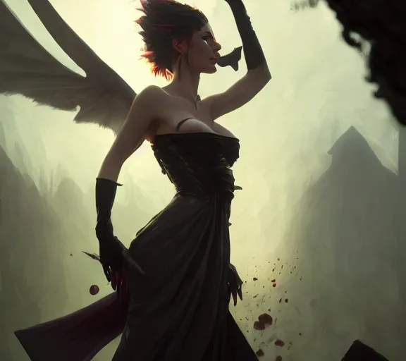 Image similar to morrigan aenslandcasting magic, a charming succubus, strapless dress, fantasy, d & d, by greg rutkowski and raymond swanland, sharp focus, trending on artstation, 8 k realistic digital art, cryengine, symmetric, sharp focus, concept art, frostbite 3 engine