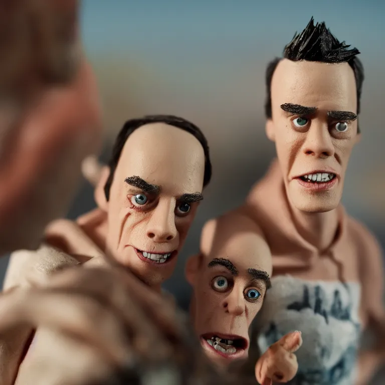 Image similar to a cinematic film still of a claymation stop motion film starring johnny knoxville and steve - o, portrait, shallow depth of field, 8 0 mm, f 1. 8