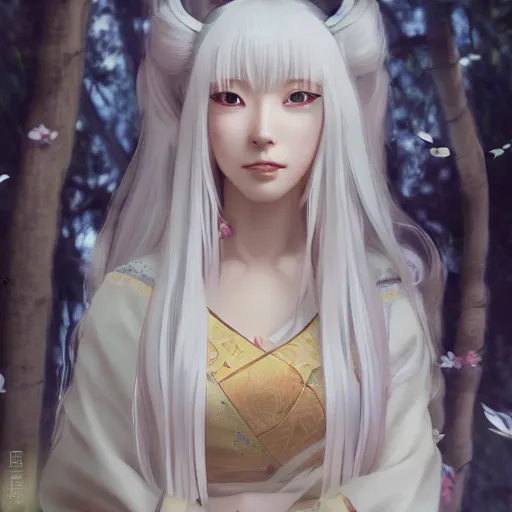 Image similar to sode no shirayuki, wearing a white kimono, long white hair, yamato nadeshiko, character, cg animation, riot entertainment, arcane, realistic, character select portrait, by artgerm, greg rutkowski, alphonse mucha, 3 d