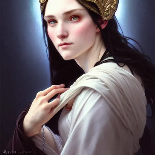 Image similar to Portrait of a female cleric wearing a kerchief covering her ears. She has blue eyes, black hair, porcelain skin, full lips, high slanted cheekbones. Fantasy art by artgerm and greg rutkowski and alphonse mucha, intricate, elegant, highly detailed, digital painting, concept art, illustration, award winning on artstation, D&D, AD&D.