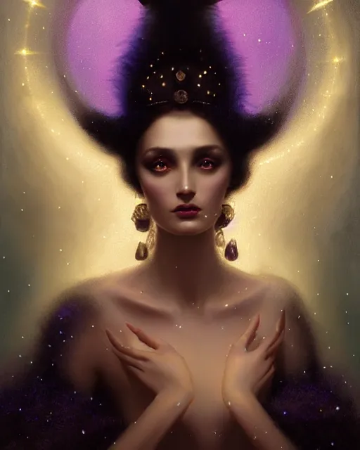 Image similar to Nocturne, glowing, stars, a portrait of a beautiful female shadow djinn creature with long fur collar, highly detailed, mysterious, ethereal, dressed in velvet and gold jewelry, haute couture, illustration, dramatic lighting, soft details, painting, by Edmund Blair Leighton, Brom, Charlie Bowater, trending on artstation, faces by Tom Bagshaw, otto schmidt