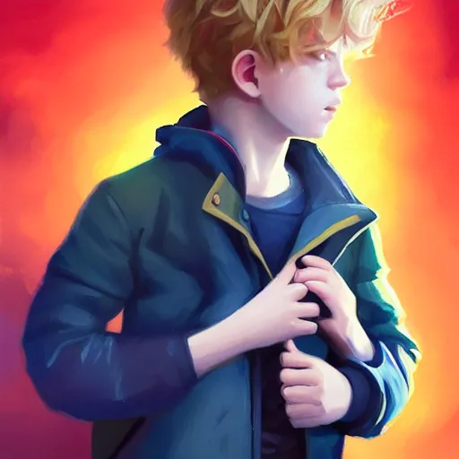 Prompt: colorful and Festive Captivating young boy with wavy blonde hair, navy blue jacket and blue shorts. rich vivid colors, ambient lighting, dynamic lighting, 4k, atmospheric lighting, painted, intricate, highly detailed by Charlie Bowater