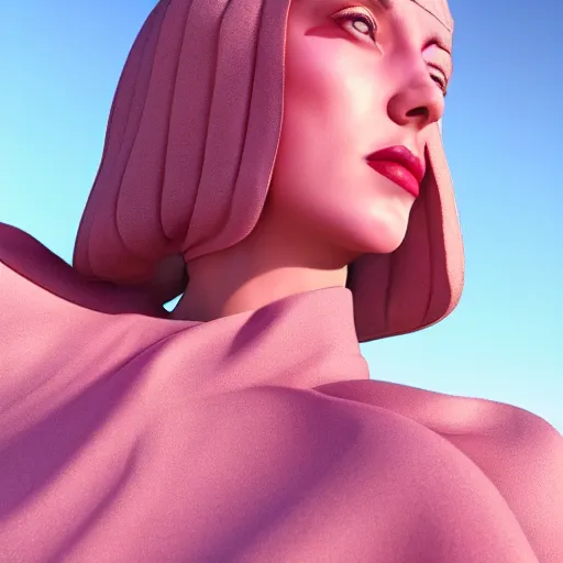 Image similar to innovative avant-garde art, deco fashion, british women, wearing pink, highly detailed, photorealistic portrait, serene desert setting, golden hour, crisp quality and light reflections, unreal engine 5 quality render