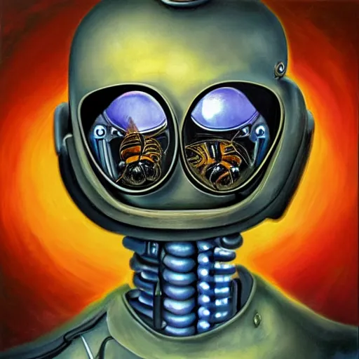 Prompt: a realistic oil painting of a bee as a cybernetic cyborg, surrealism portrait, surrealism album cover