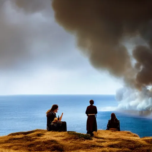 Image similar to romantic meeting on a cliff between a Viking king and a Valkyrie above a burning ocean of war, By Emmanuel Lubezki