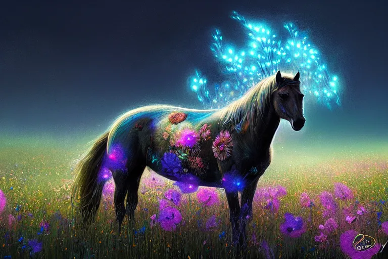 Image similar to a stunning digital painting of a horse with a mane of bioluminescent flowers running through a field of flowers by greg rutkowski, flowerpunk, volumetric light, digital art, fine detail, photorealistic