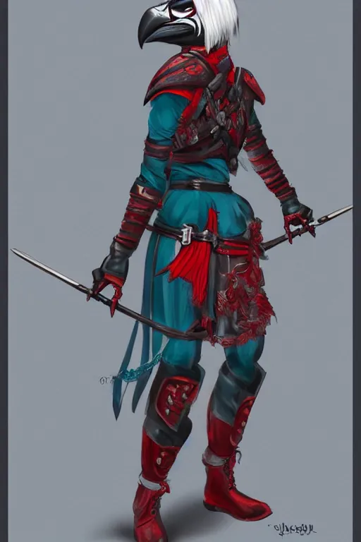 Image similar to female adventurer in tight full - body teal leather armor of japanese design with red accents and a white porcelain crow mask, trending in artstation, establishing shot