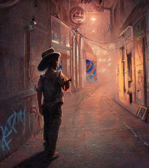 Image similar to Portrait of circus artist, alley with graffiti, dimly lit, wispy smoke, intricate, highly detailed, digital painting, artstation, concept art, sharp focus, illustration, art by einar jonsson