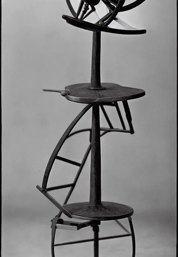 Image similar to a spinning wheel sitting on top of a stool, a surrealist sculpture by marcel duchamp, archival pigment print, 1 9 1 4, conceptual art, artwork, academic art, surrealist