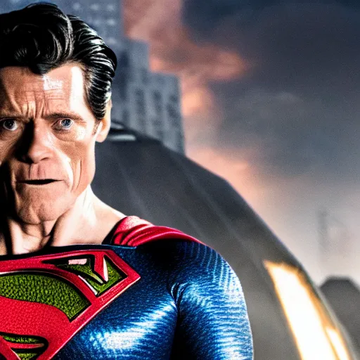 Image similar to Willem Dafoe as Superman, film still from Batman v Superman, detailed, 4k