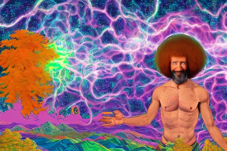 Prompt: google satellite view of a god transubstantiating into a human being, highly detailed, realistic, illustrated by bob ross and lisa frank