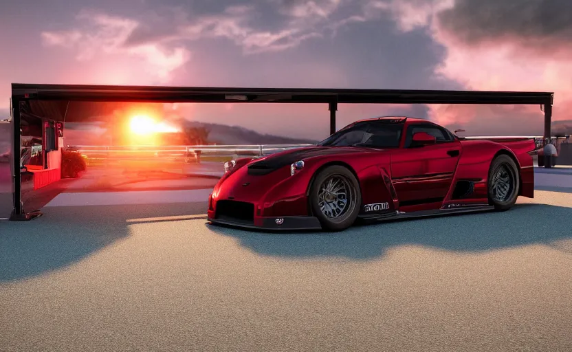 Prompt: a panoz gtr - 1 parked at a drive in movie theater at sunset, concept art, hyperrealistic, octane render, unreal engine 5, path traced, highly detailed, high quality, 8 k, dramatic lighting, cinematic, high coherence, symmetrical, high contrast, lens flare, godrays