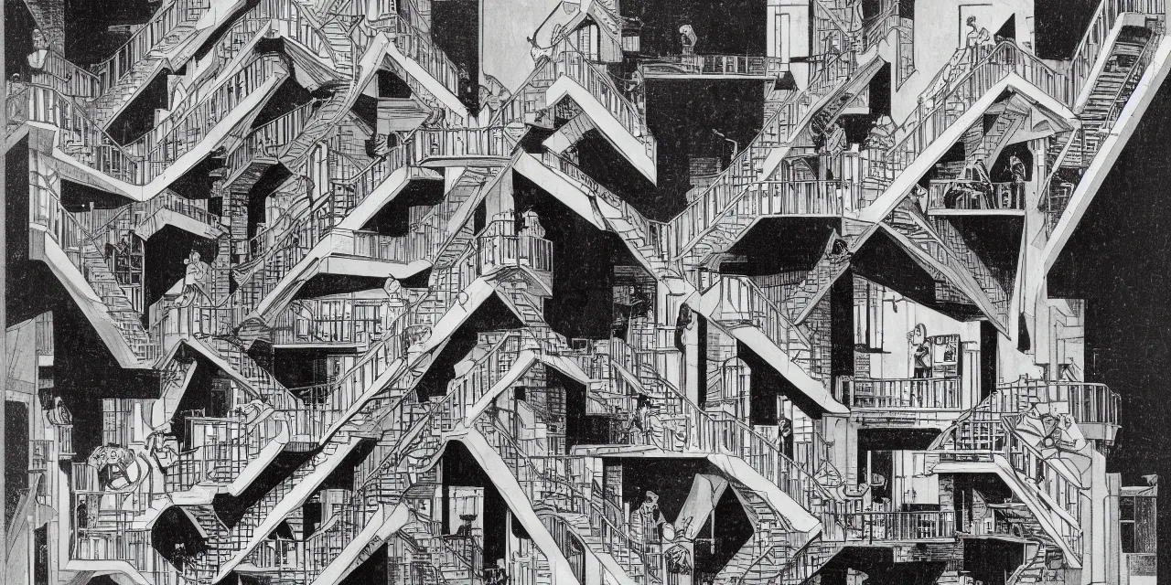 Image similar to multiple staircases by m. c. escher and mike mignola