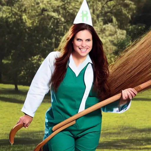 Prompt: a nurse with long brown hair and wearing green scrub pants riding a broomstick like a witch