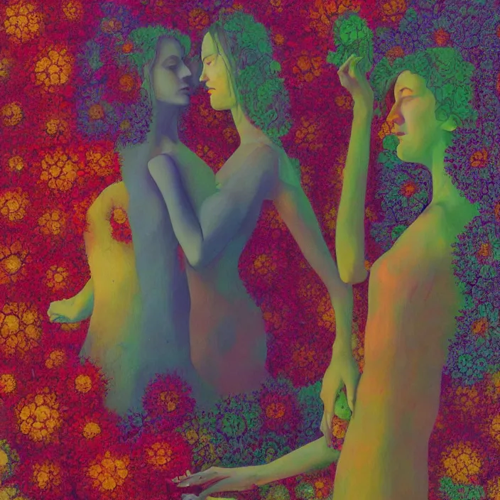 Image similar to portrait of women made of colorful fractal flowers hugging Edward Hopper and James Gilleard, Zdzislaw Beksinski, highly detailed