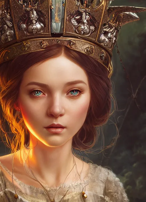 Image similar to highly detailed closeup portrait of a fairytale medieval princess, unreal engine, greg rutkowski, ilya kuvshinov, ross draws, hyung tae and frank frazetta, tom bagshaw, tom whalen, nicoletta ceccoli, mark ryden, lostfish, earl norem, global illumination, god rays, detailed and intricate environment