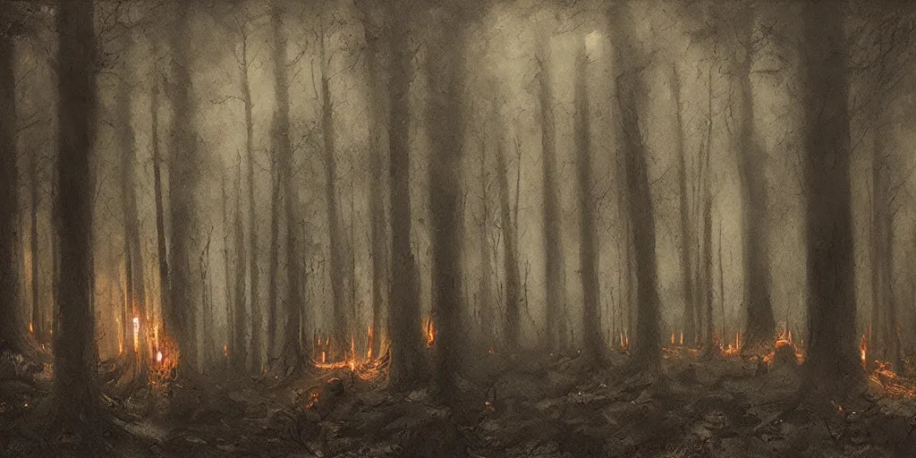 Prompt: bohemian grove in the woods, ominous atmosphere, dark environment, torches source of orange light. art by artem demura