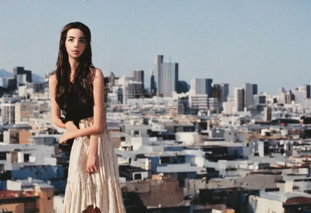 Image similar to lomo photo of adelaide kane standing on the roof of building, small town, cinestill, bokeh, out of focus