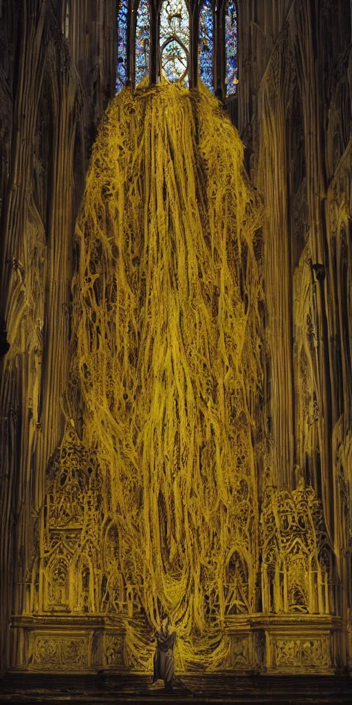 Image similar to a tall towering huge pale human wearing a yellow garment sitting upon an ornate stone throne, 4K, digital art, lovecraftian, artstation, horror, dramatic, wearing a long yellow rotting garment, dark, hyperrealistic, perspective, complex (((dark))) cathedral background with volumetric lights coming in through cathedral windows, dark background, highlights,