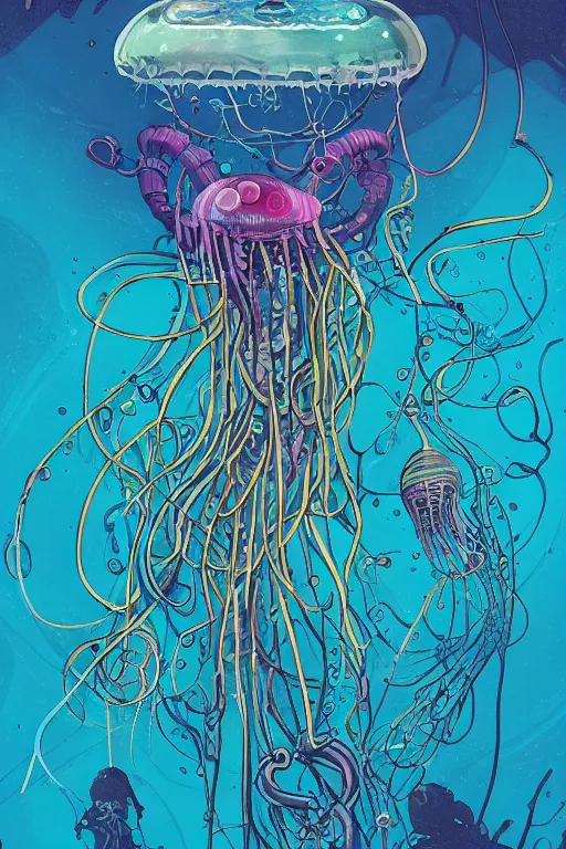 Prompt: a picture of mysterious colourful underwater jellyfish, being discovered by a man in a steampunk diving suit. water is deep aquamarine coloured. poster art by james jean, concept art, behance contest winner, very detailed, award - winning. lovecraftian, cosmic horror, bioluminescence.