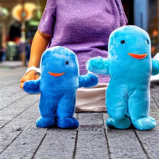 Prompt: blue'snappy gifts'plush doll, on sidewalk, giving gifts to people, happy atmosphere, high detail, soft lighting, 8 k