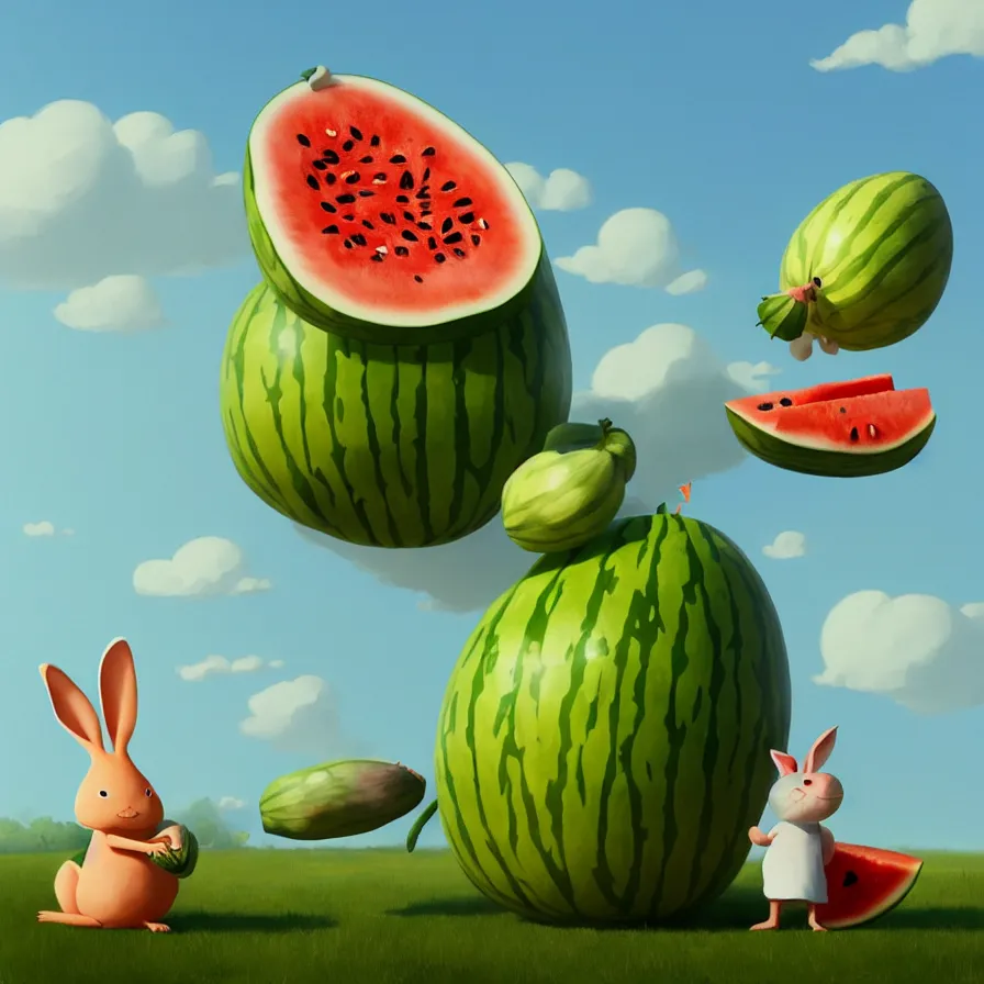 Image similar to Goro Fujita illustrating a rabbit eating a giant watermelon, art by Goro Fujita, sharp focus, highly detailed, ArtStation