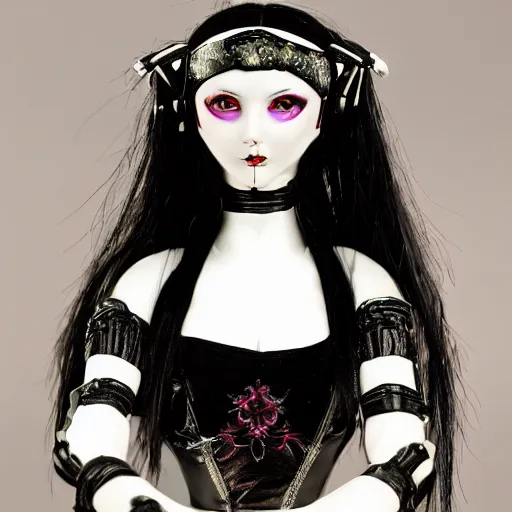 Prompt: cybergoth porcelain woman with artnouveau garment and ornaments sharp focus 8 k