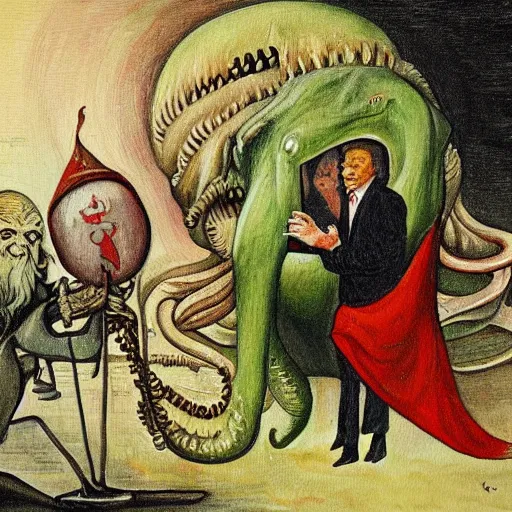 Image similar to a painting of cthulhu and donald trump meeting, in the style of hieronymus bosch