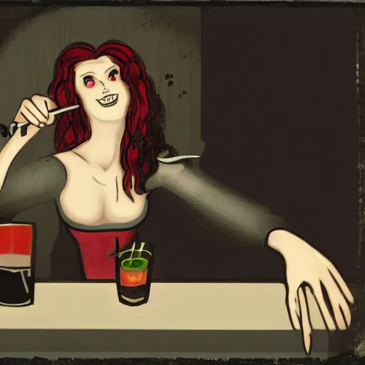 Prompt: a vampire having a drink in a dive bar, H 1024, W1024