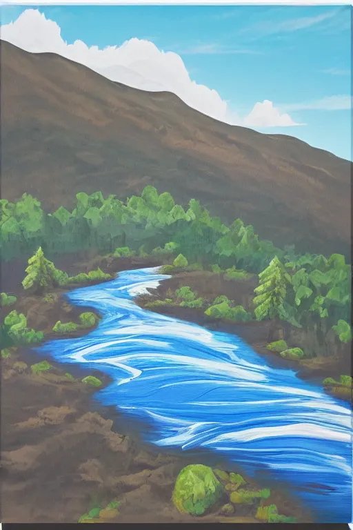 Prompt: mountaintop river flat illustration acrylic art trending on artstation