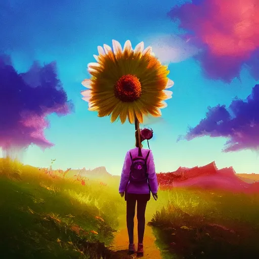 Image similar to giant daisy flower head, girl hiking in the mountains, surreal photography, sunrise, dramatic light, impressionist painting, colorful clouds, digital painting, artstation, simon stalenhag