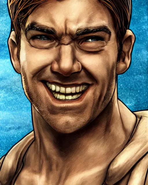 Image similar to an epic dramatic portrait of smirking blonde antony starr as the homelander, manga art, inked, detailed face, smiling like a jerk, epic art, trending on artstation, deviantart, high detail, high definiton, ultra realistic, hyper realistic, photo realistic, 4 k uhd