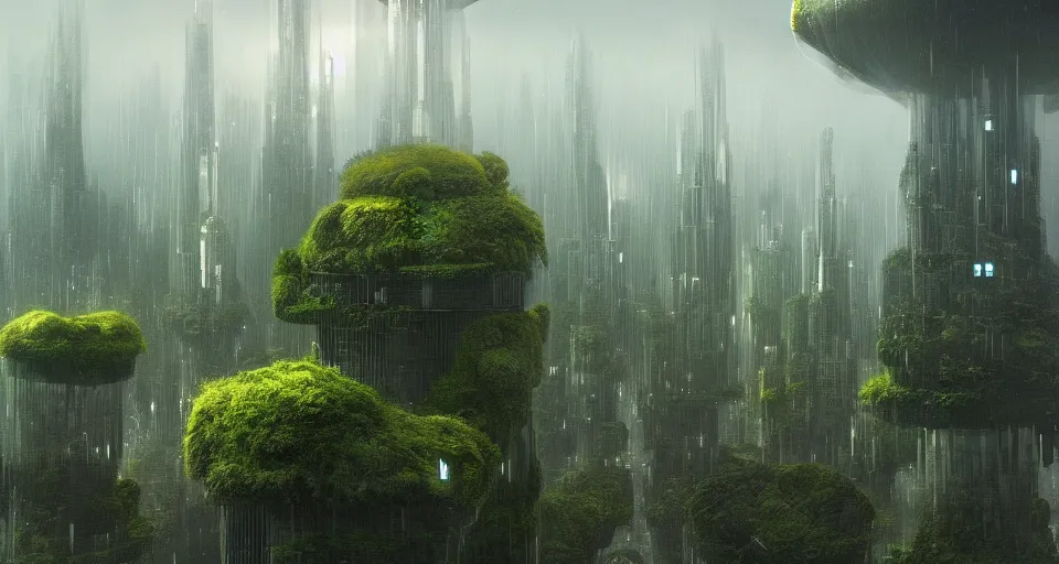 Image similar to a futuristic city scape of vertical organic farms, growing, mossy cellular structures, epic landscape, endless towering science fiction towers, raining, misty, in the style of john harris