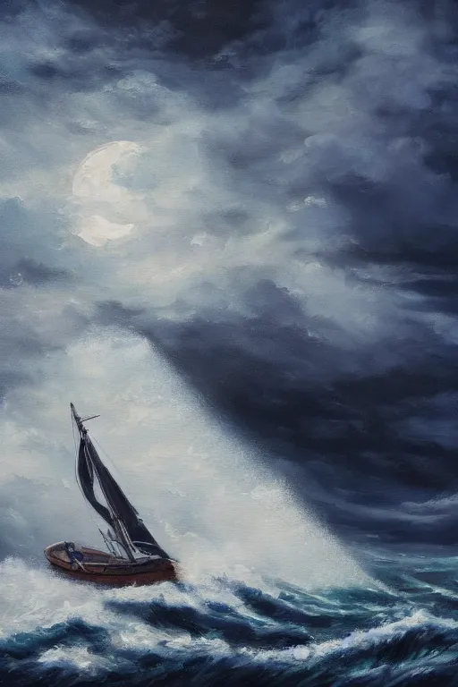 Image similar to an oil painting illustration of sailing boat in huge waves, night, moonlight, dark clouds, dramatic shoot, artstation trending, high quality, no crop, entire person visible, natural light, width 768