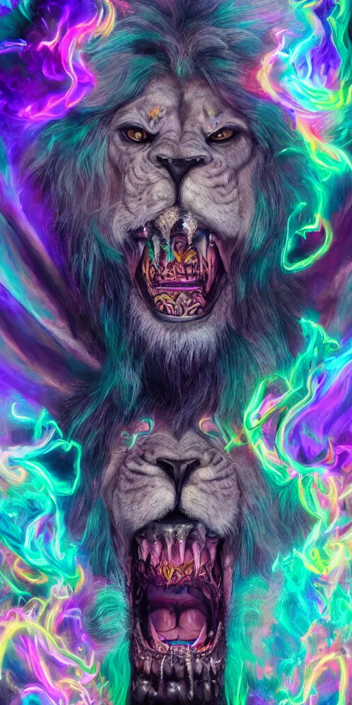 Image similar to impossibly beautiful portrait, dapper dream demon, lion creature, wings, bad trip, insane smile, intricate complexity, surreal horror, inverted neon rainbow drip paint, trending on art station, photoreal, 8 k, octane render by greg rutkowski