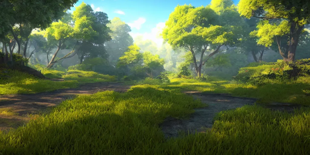 Prompt: beautiful 3 d nature environment from genshin impact, ingame rendering, cell shaded, screenshot, beautiful colors, 8 k, detailed, award winning, unreal engine 5, stylized, popular on artstation, anime style, nostalgic