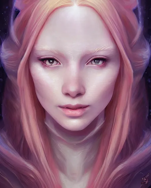Prompt: albino auburn princess portrait, by artgerm, art nouveau, dark fantasy art, celestial halo of light, warm glow, digital art