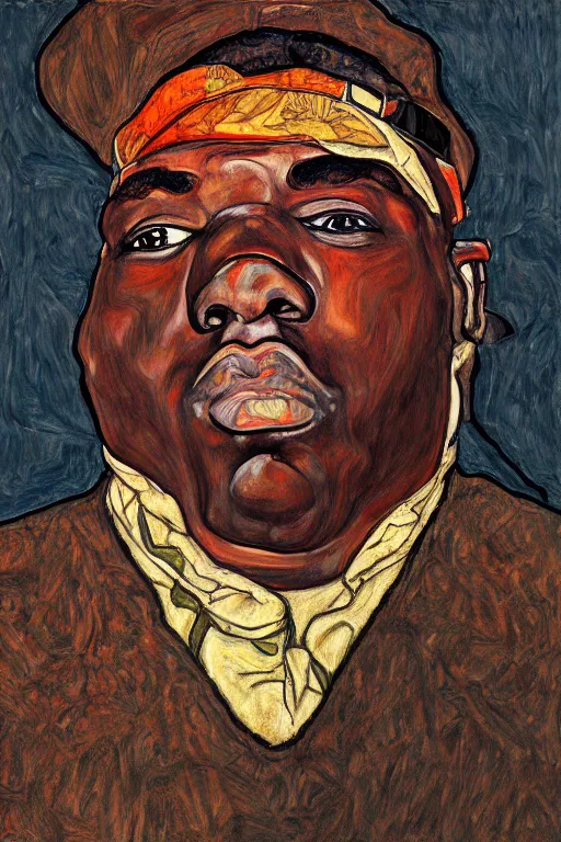 Image similar to a portrait of biggie small in style of egon schiele, masterpiece, hyperdetailed, complex, intricate, 4 k, trending on artstation