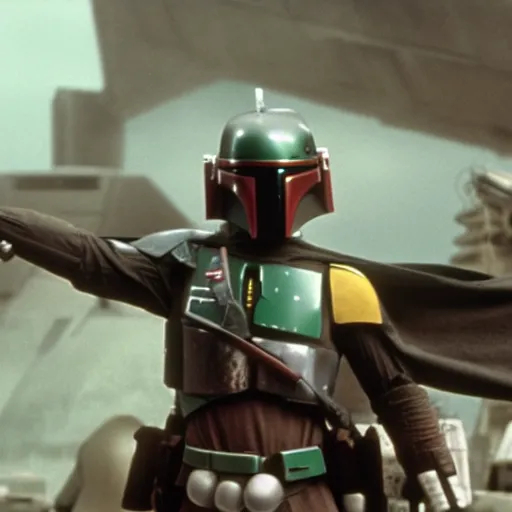 Image similar to cinematic shot of Boba Fett in Star Wars the empire strikes back