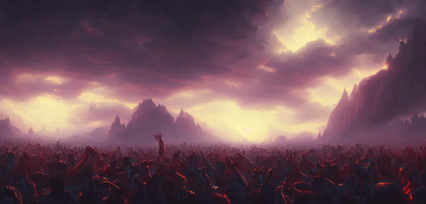 Image similar to painting of a crowd with raised arms pointing toward, cinematic view, epic sky, detailed, concept art, low angle, high detail, warm lighting, volumetric, godrays, vivid, beautiful, trending on artstation, by jordan grimmer, huge scene, art greg rutkowski