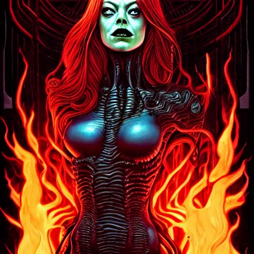 Image similar to scorn giger venom alien doom zdislaw bekinski horror hell alien tentacles satan fire flame, beautiful underwater redhead woman portrait of emma stone, pixar style, by tristan eaton stanley artgerm and tom bagshaw.